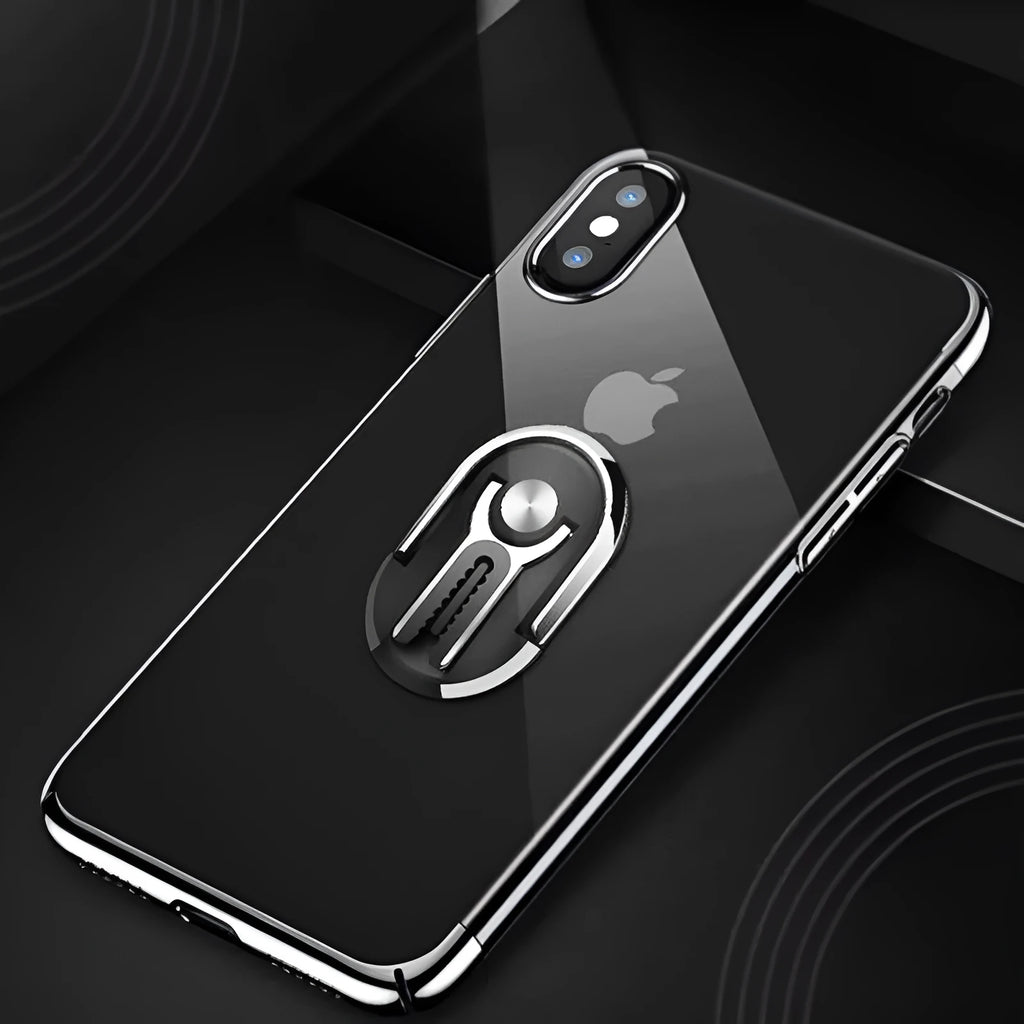 Black universal car phone mount with 360-degree rotation shown on a car dashboard.