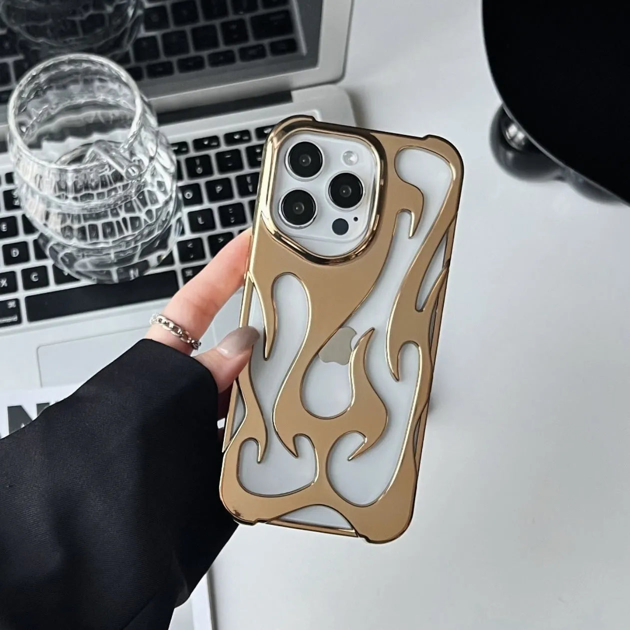 Electroplated hollow flame pattern TPU phone case for Apple iPhone in silver finish