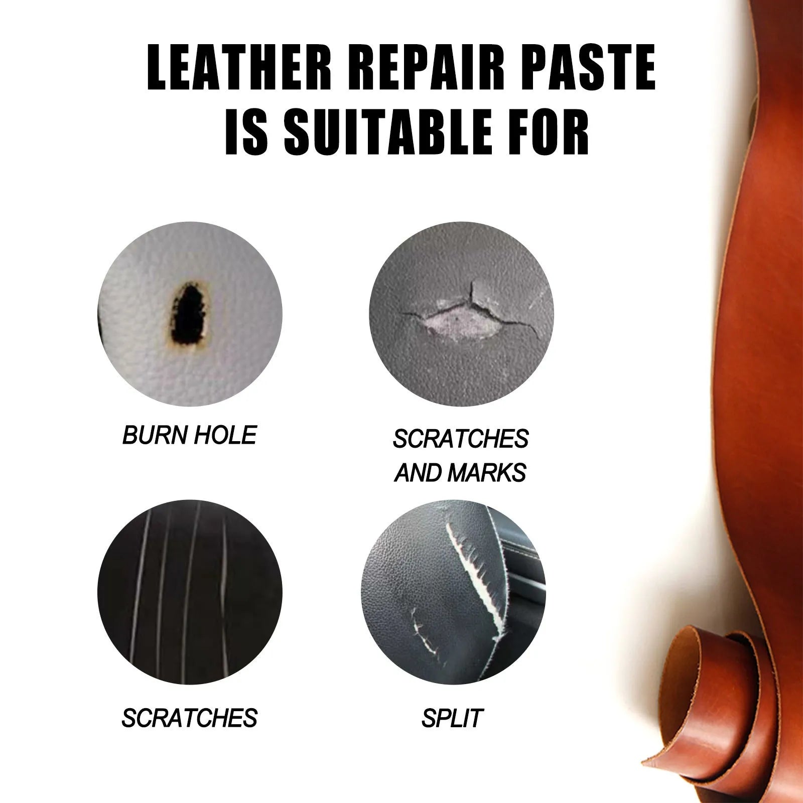 60ml tube of leather repair paste for car seats and sofas measuring 5cm by 4.4cm