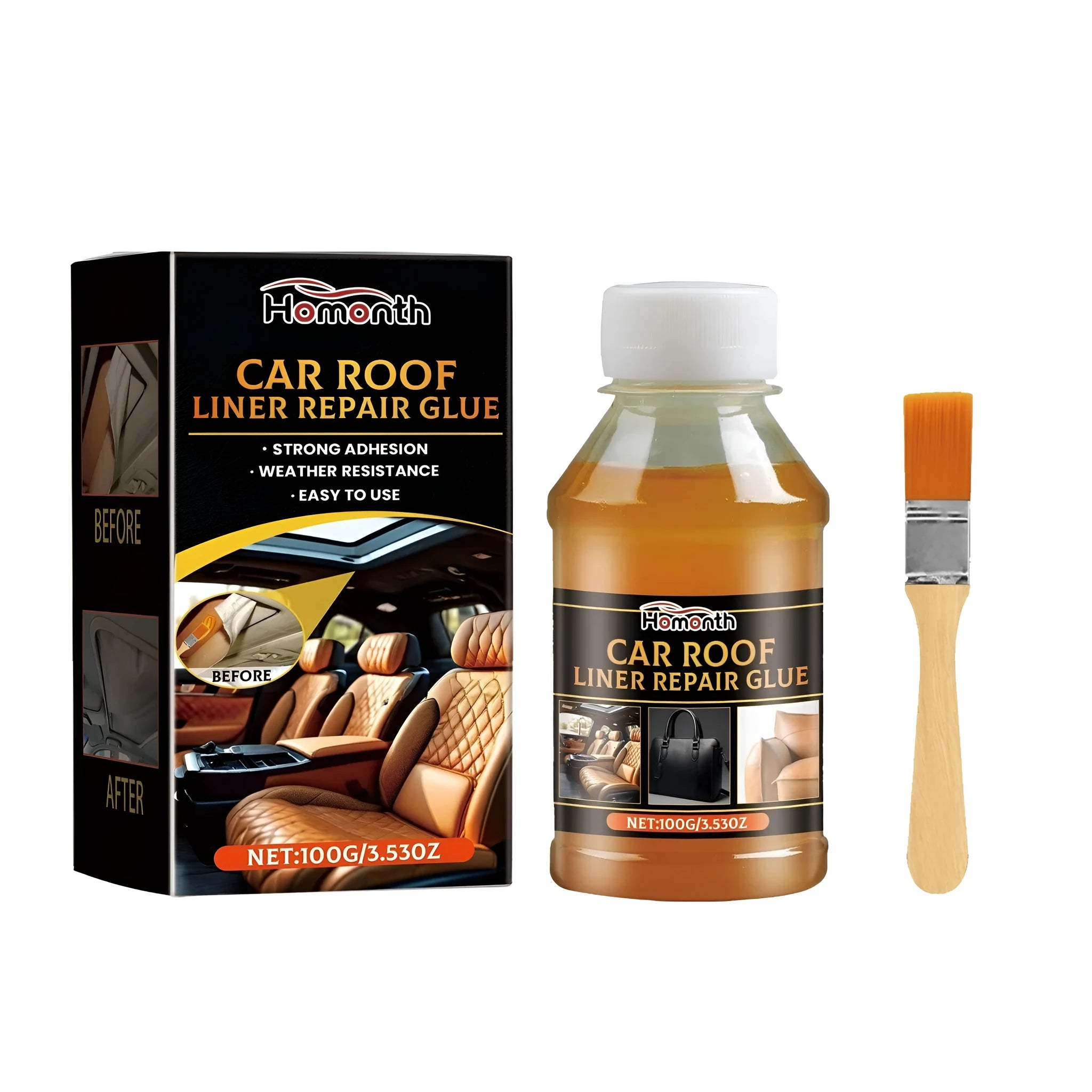 Car roof liner repair glue in 4.7 x 9.4 cm tube with a 1.2 x 9.5 cm brush on a white background
