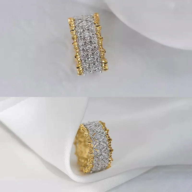 Geometric copper zircon ring with a two-tone gold and silver electroplated finish and a round stone.