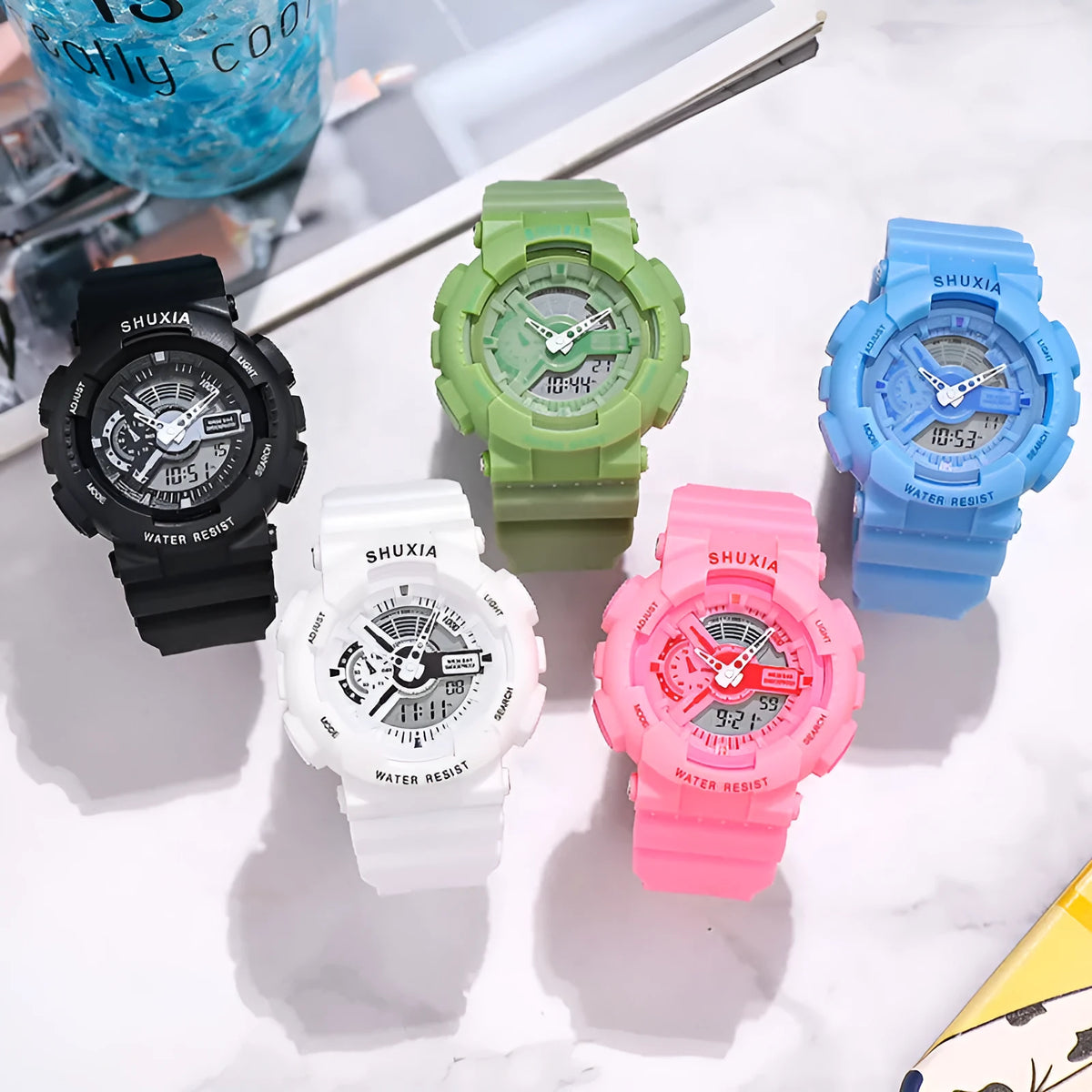 Multi function sports watch with 50mm large dial, luminous hands, rubber strap and stainless steel pin buckle
