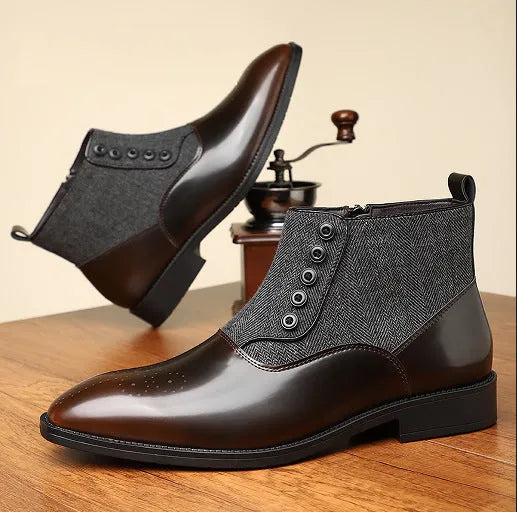 Men's brown retro business shoe with side zipper and square toe on a plain background.