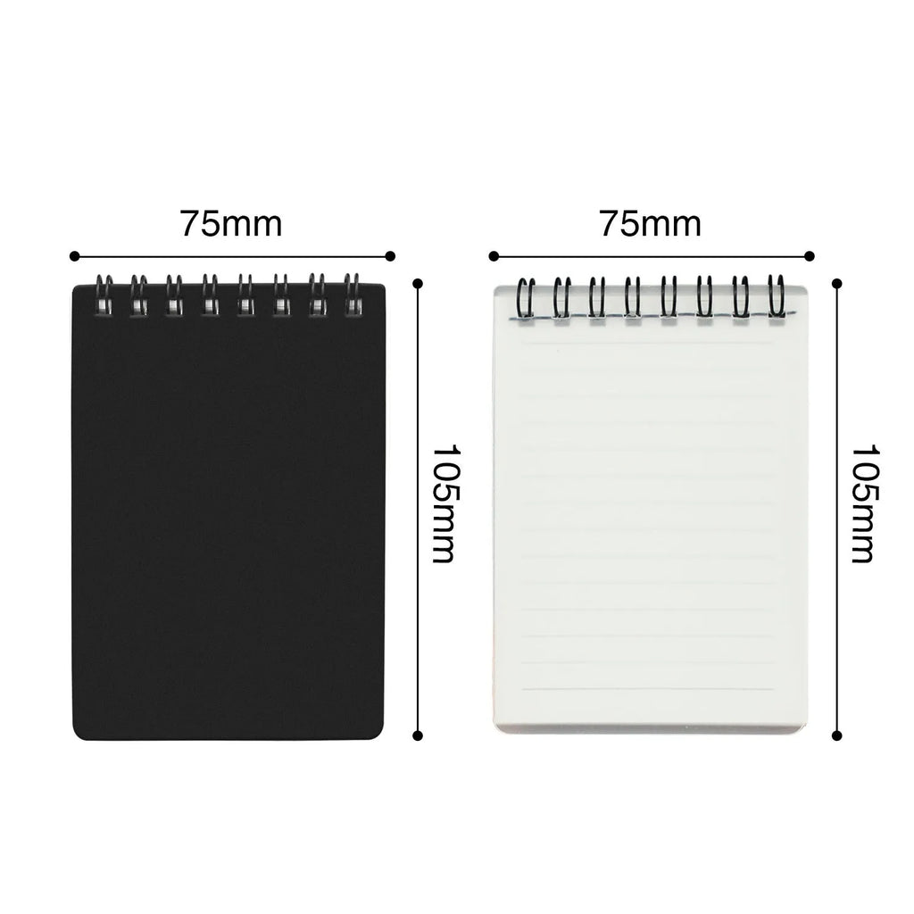Spiral-bound business notepad with transparent cover and included pen