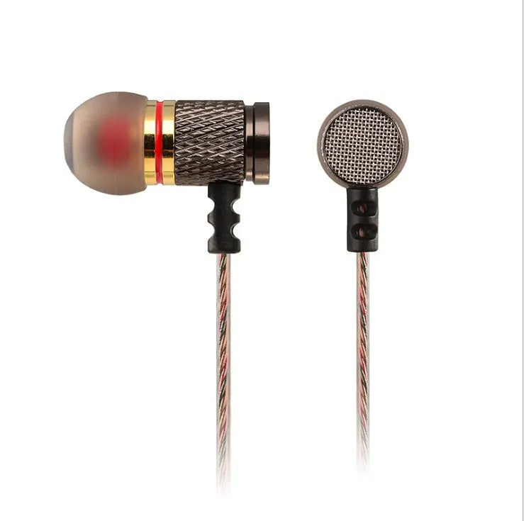 Wired in-ear headphones with metal subwoofer, 3.5mm L-bend plug, and choice of standard or microphone model.