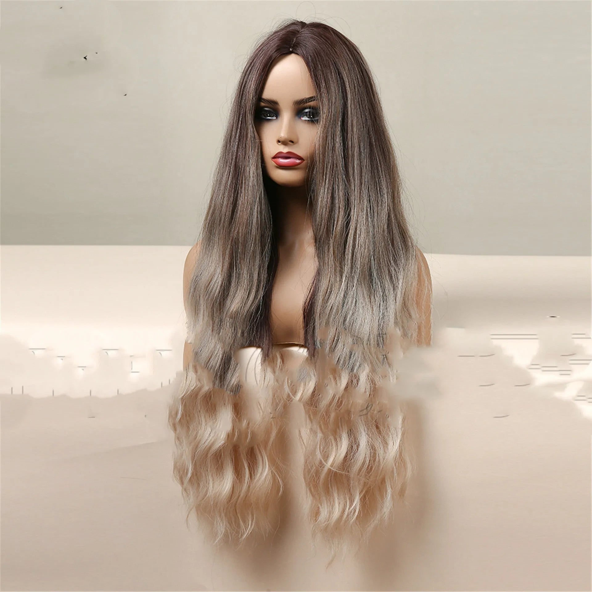 Medium brown gradient blonde women's long curly hair wig 75cm length with medium bangs
