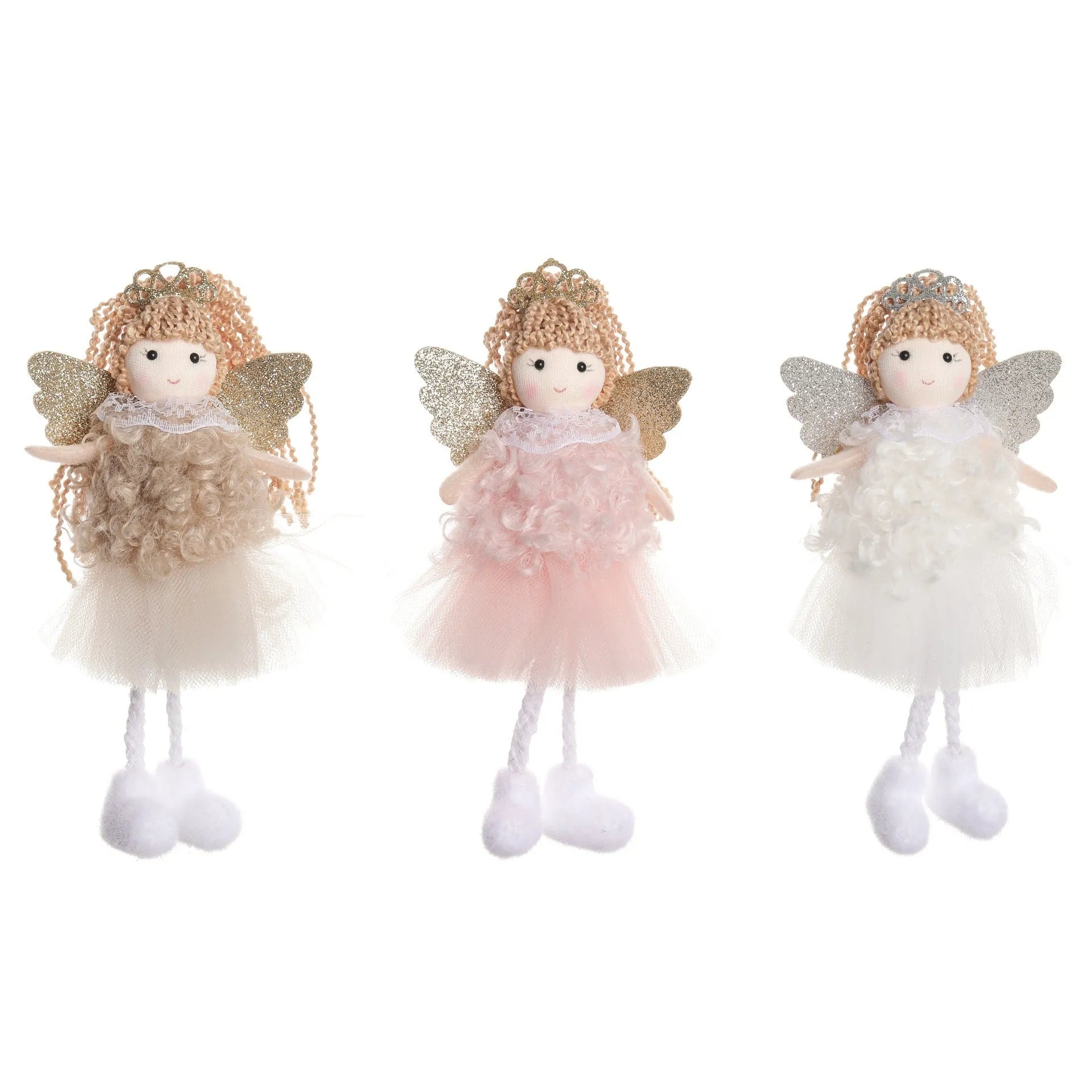 Cartoon angel cloth hair clip pendant for Christmas, shown on a high ponytail.