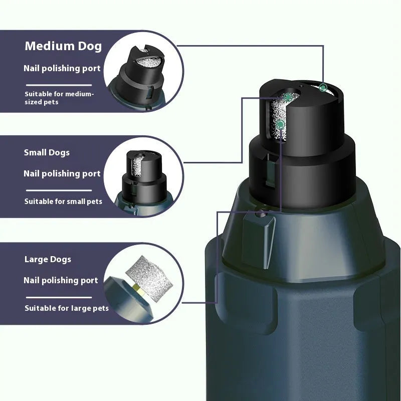 Dark blue USB rechargeable pet nail grinder with LED light and rotary speed control knob.