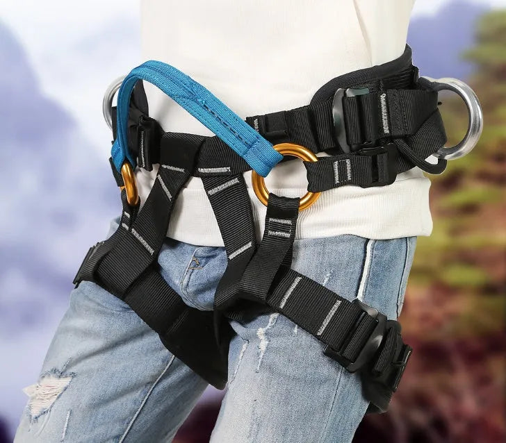 Black polyester half body seat belt with adjustable waist and thigh straps for climbing and rescue