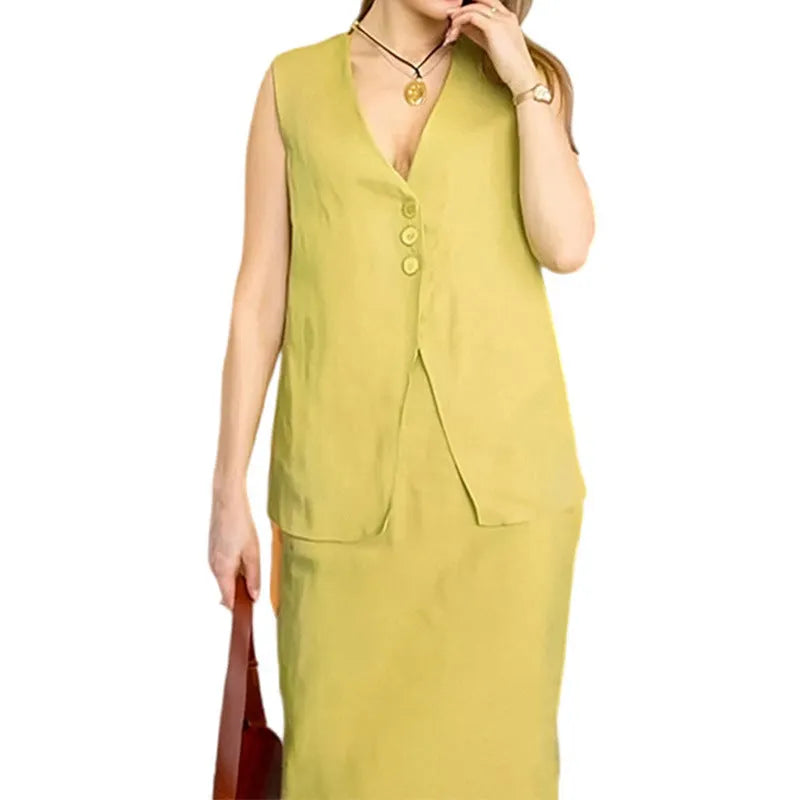 Women's sleeveless vest and long skirt two-piece suit in blue, white, or yellow polyester fabric