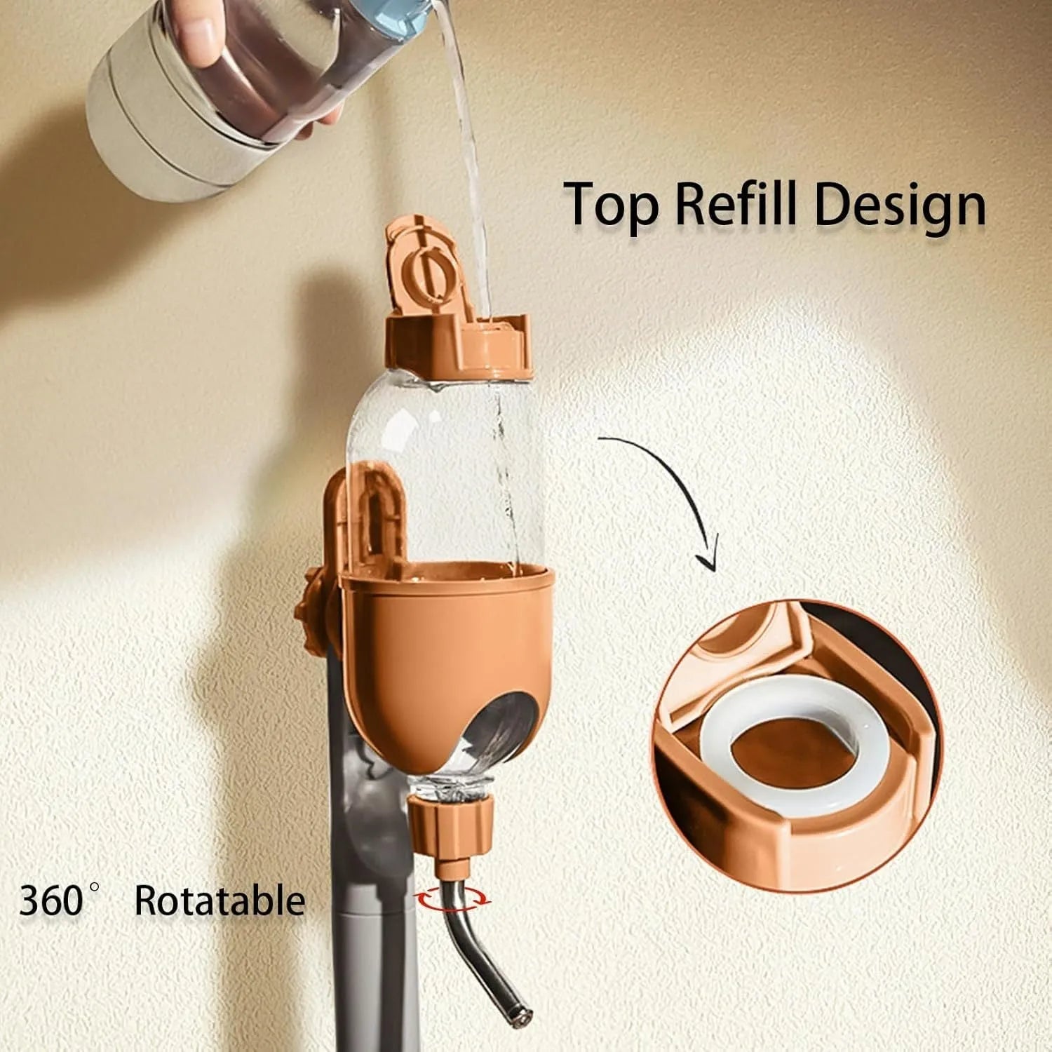 Blue pet water bottle with rotatable nozzle for small animal cages showing measurement scale