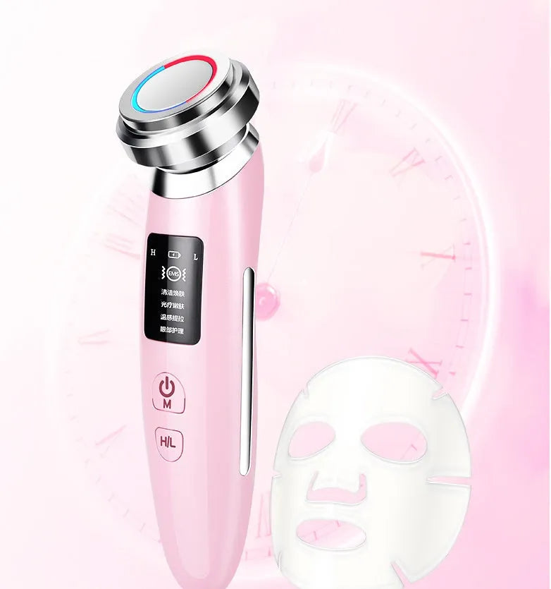 Pink cleansing and rejuvenating beauty instrument showing 185mm length and compact design