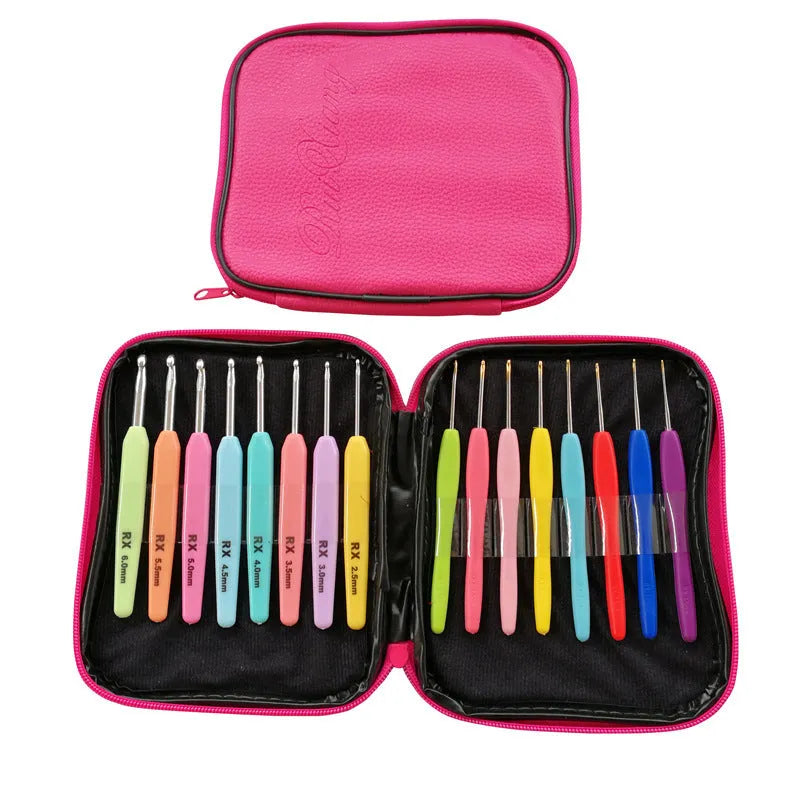 Complete set of 16 crochet hooks with soft and hard handles in a PU storage bag.