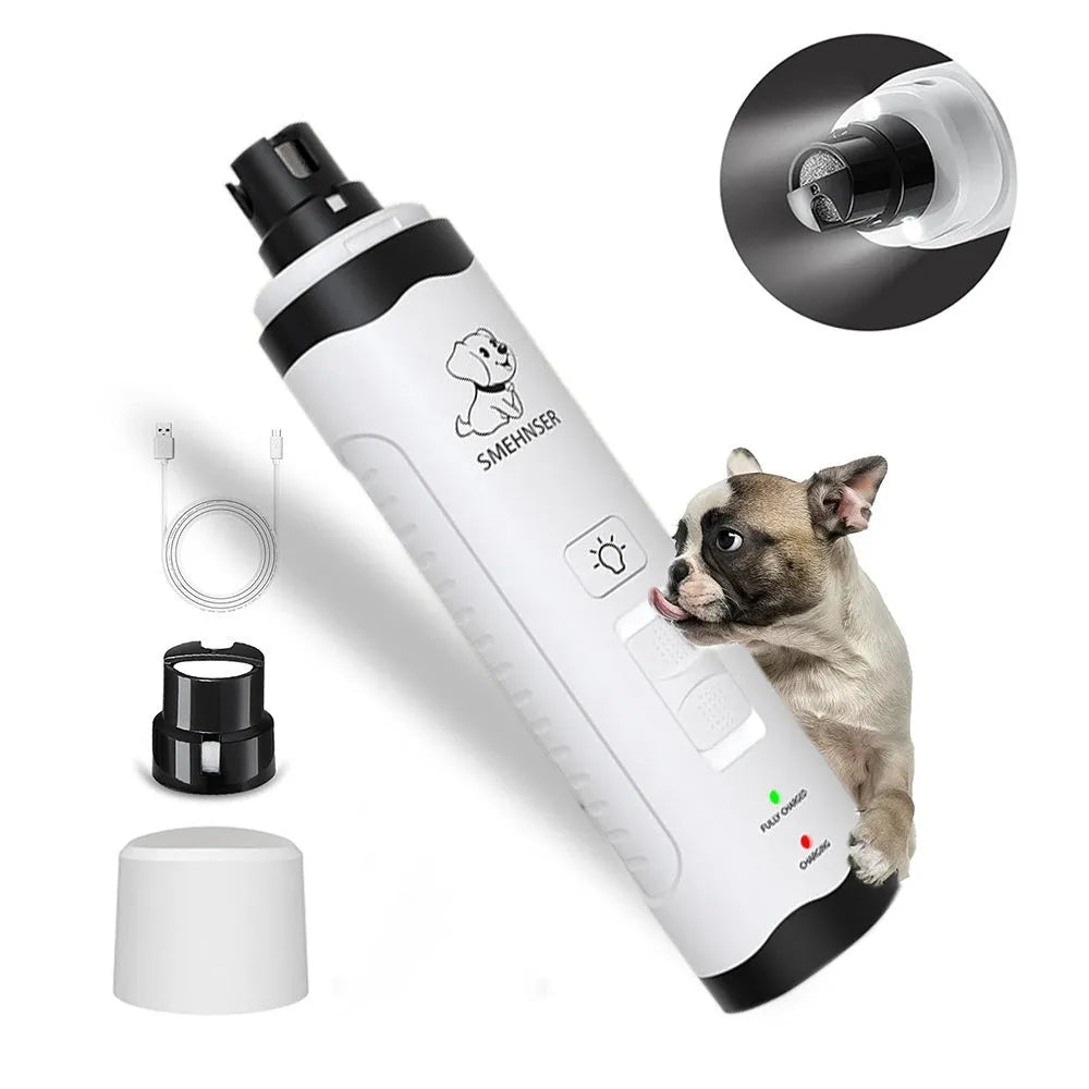 Electric dog nail trimmer device with LED display showing speed settings and automatic piercing function.