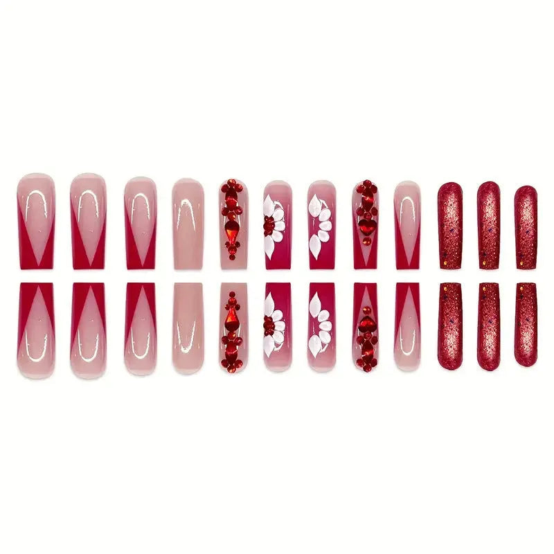 Sweet floral pattern removable fake nails with red diamond accents in European square shape