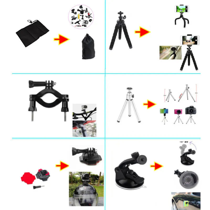 Black sports camera accessories set with helmet mount, chest strap, selfie stick, and storage bag