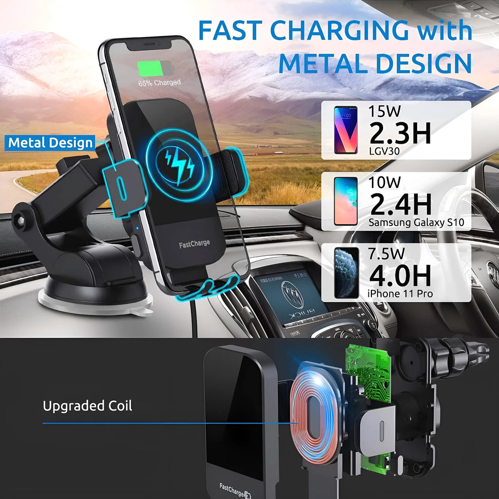 Black car wireless charging stand with 15W fast charging mounted on dashboard
