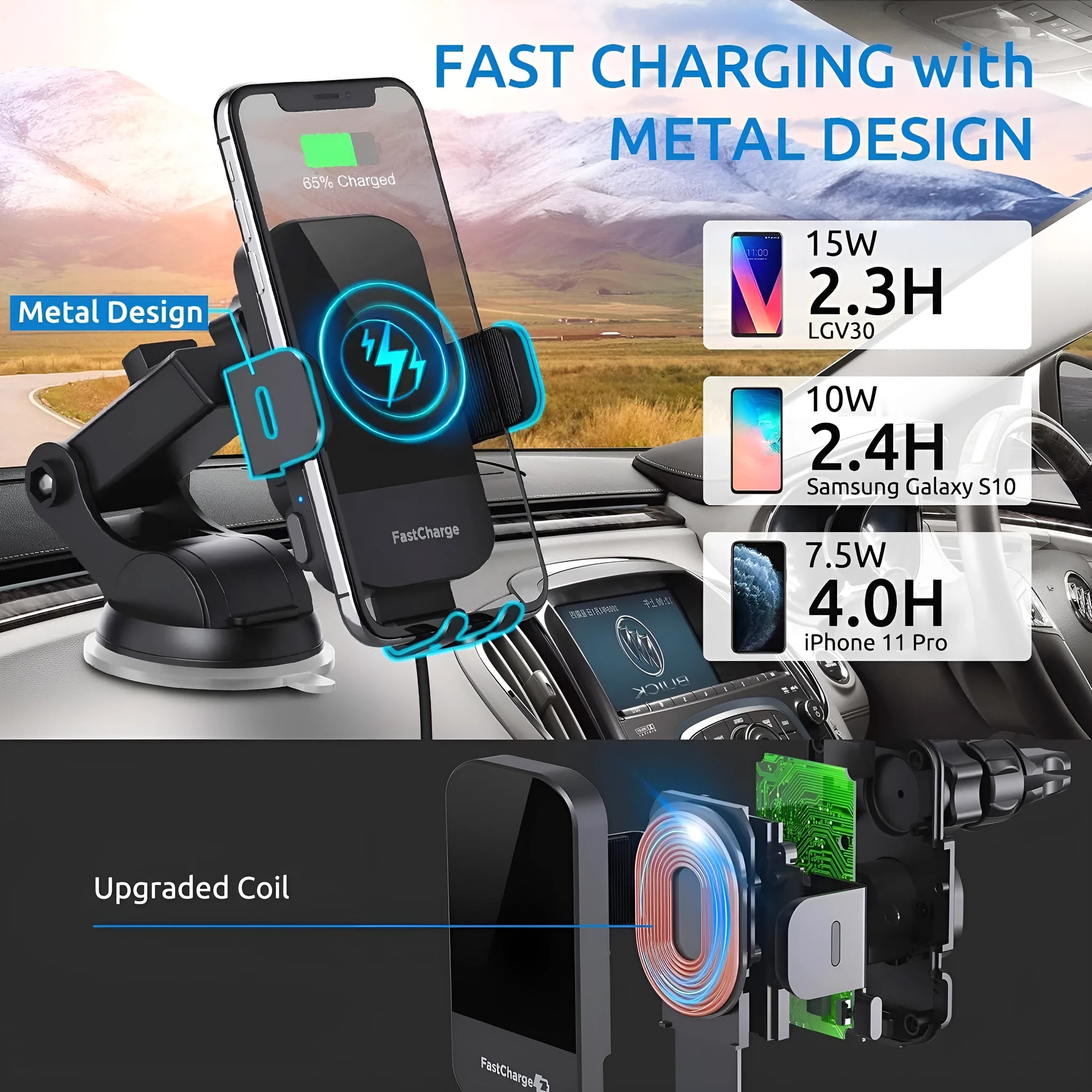 Black car wireless charging stand with 15W fast charging mounted on dashboard