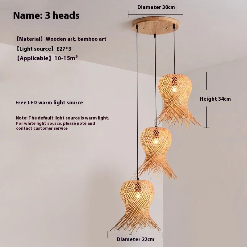 Bamboo woven chandelier with wood art frame new Chinese style ceiling lamp