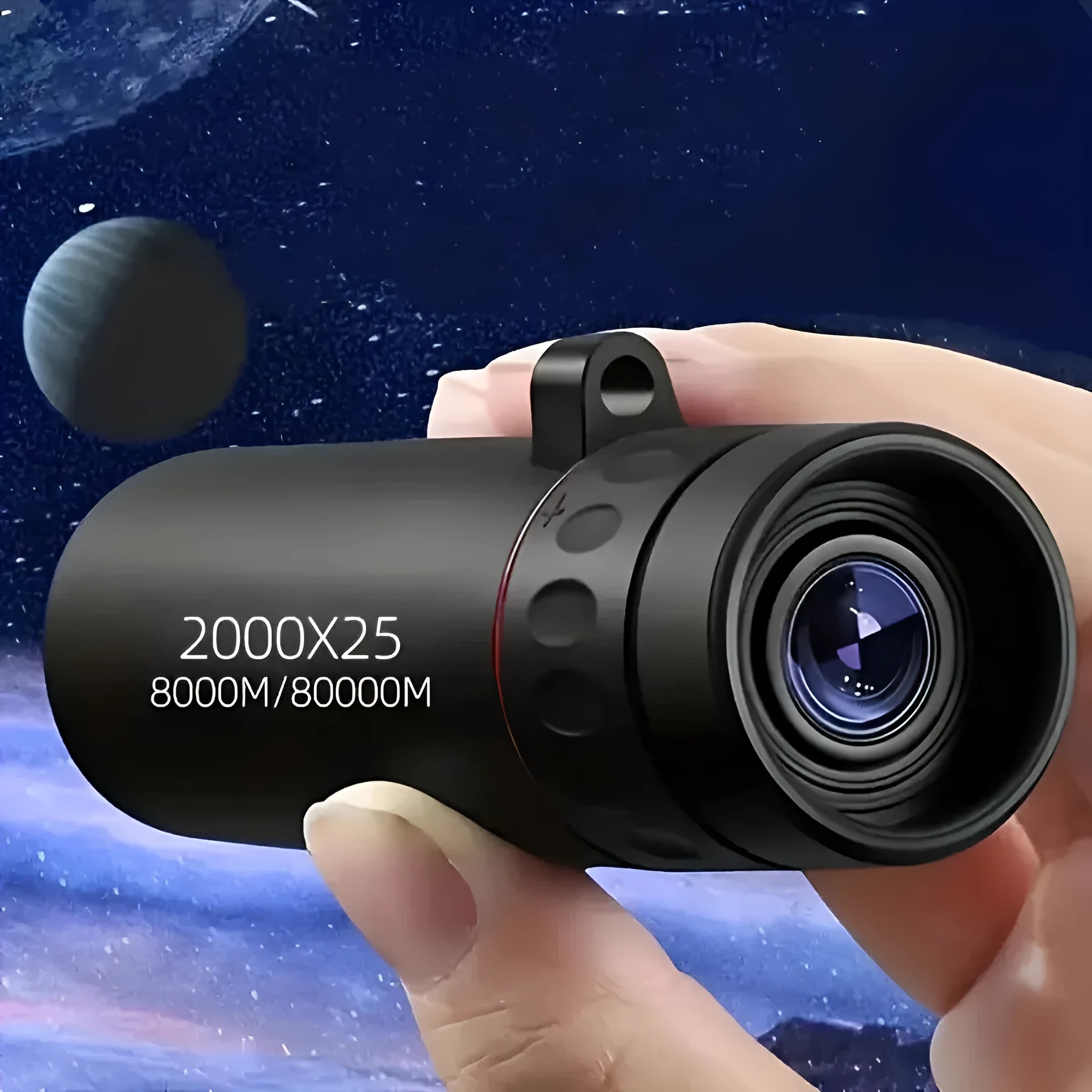 Black monocular telescope with rubber grip and attached mobile phone holder for outdoor observation