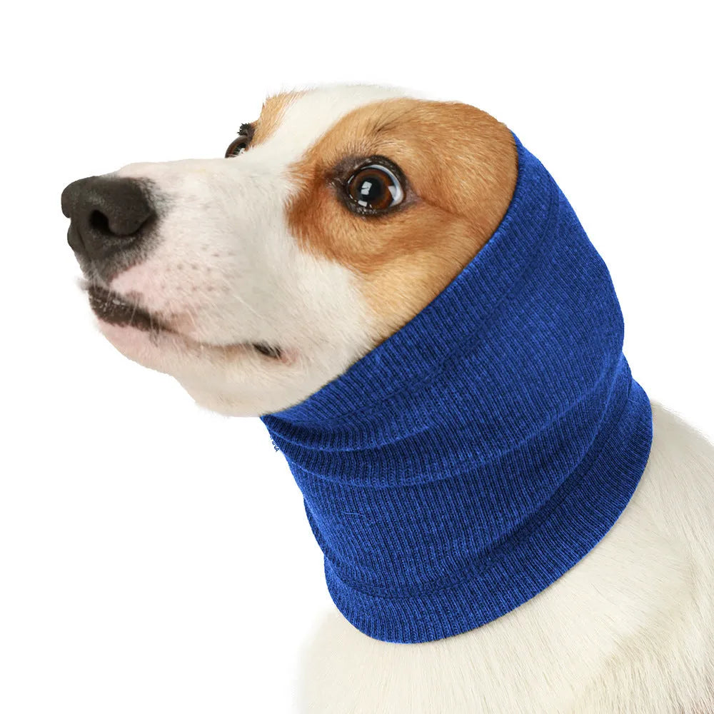 Blue and grey polyester dog comforter headband scarf showing casual bandana style with S M L size options