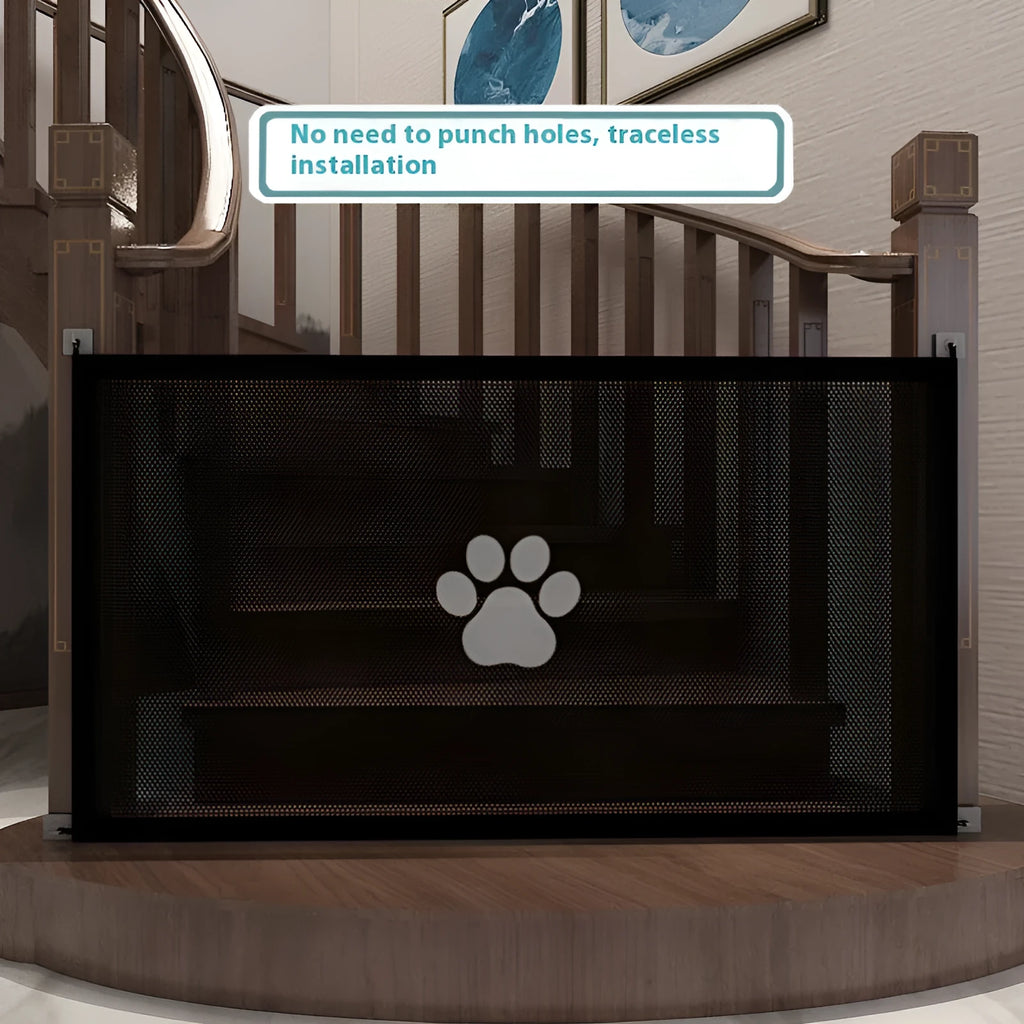 Folding dog barrier net showing cloth construction with plastic rods and pet doorsill design