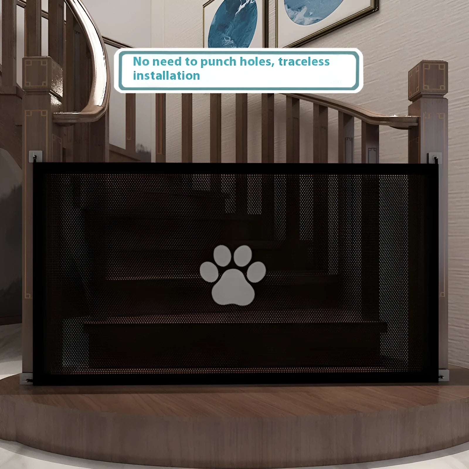 Folding dog barrier net showing cloth construction with plastic rods and pet doorsill design