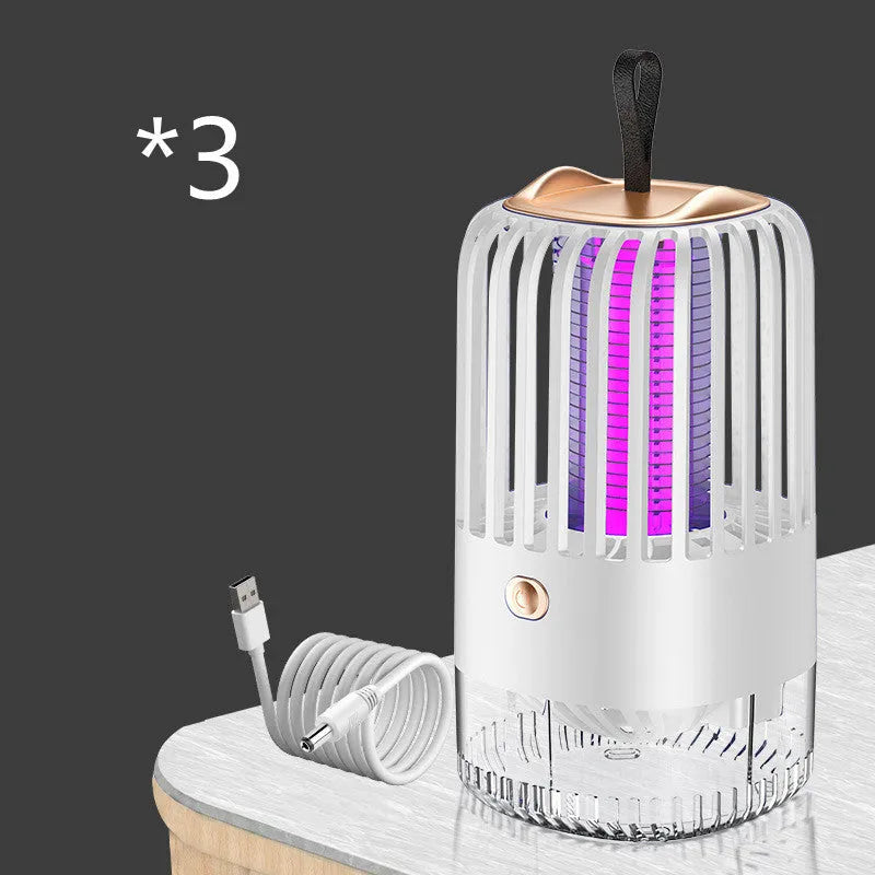 White and blue silent electric shock mosquito killer lamp with USB power and light wave attraction.