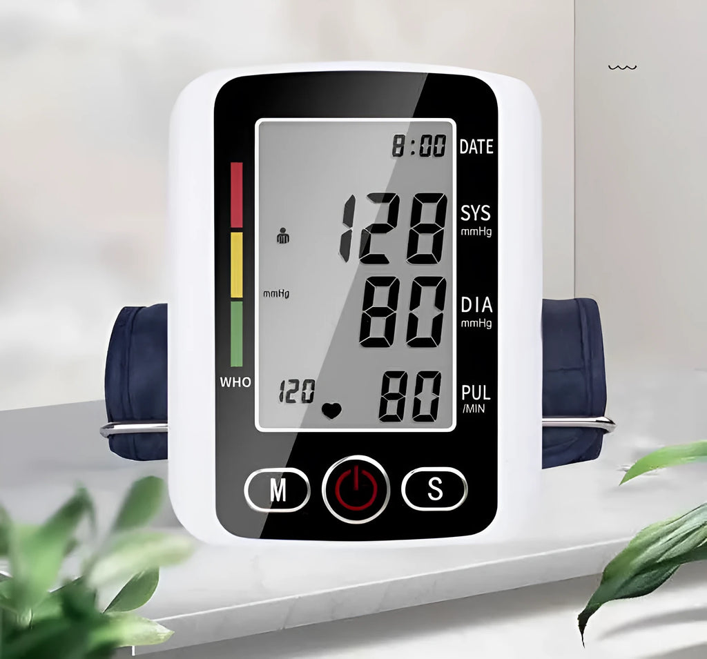 Automatic arm blood pressure monitor with large screen display on a table