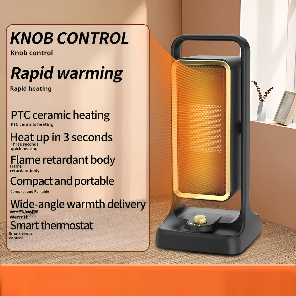 Compact desktop PTC air heater with knob control and multiple plug options