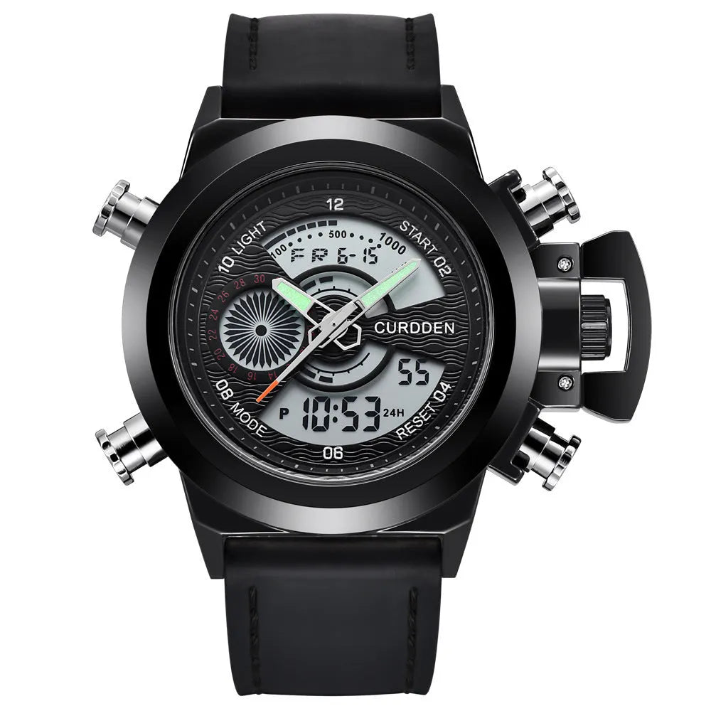 Men's sports watch with dual display, leather strap, black dial, 4.7cm surface diameter