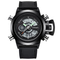 Men's sports watch with dual display, leather strap, black dial, 4.7cm surface diameter