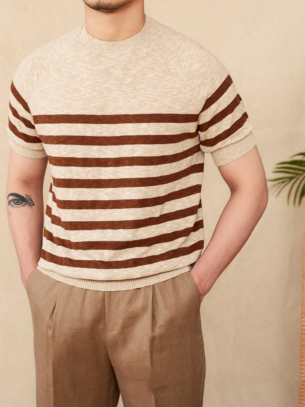 Linen cotton blend stripe t-shirt in navy blue colour with short sleeves and round neck