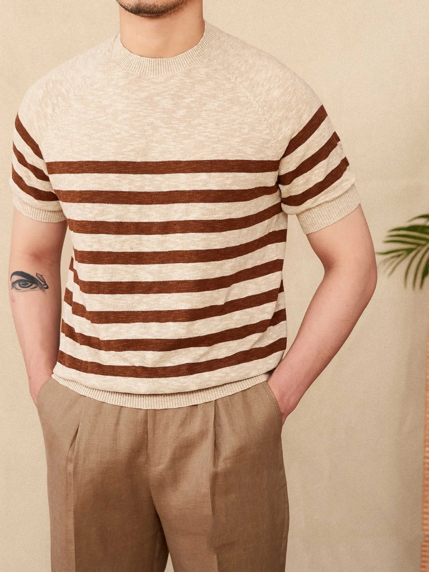 Linen cotton blend stripe t-shirt in navy blue colour with short sleeves and round neck