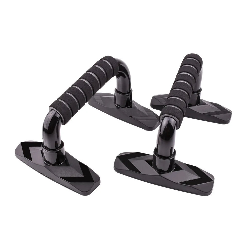 Pair of I-shaped push up bars with blue PP sponge grips for home fitness training