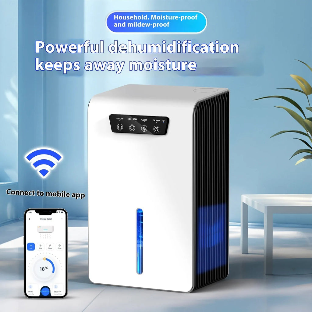 Milky white household dehumidifier for bedrooms and small rooms up to 20 square metres.