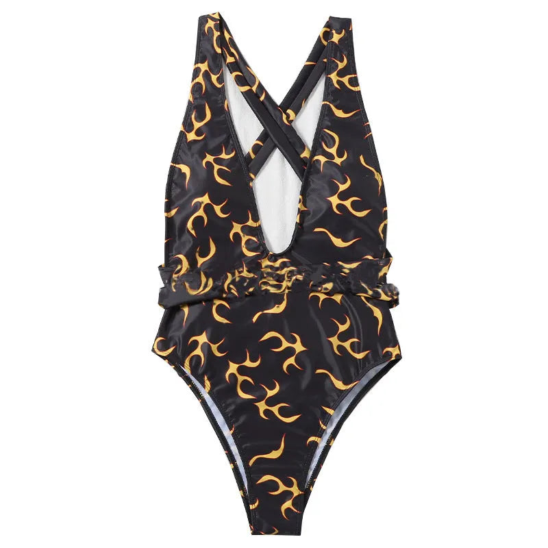 Ladies flame pattern bikini swimsuit in polyester fibre, two-piece swimwear available in sizes S, M and L