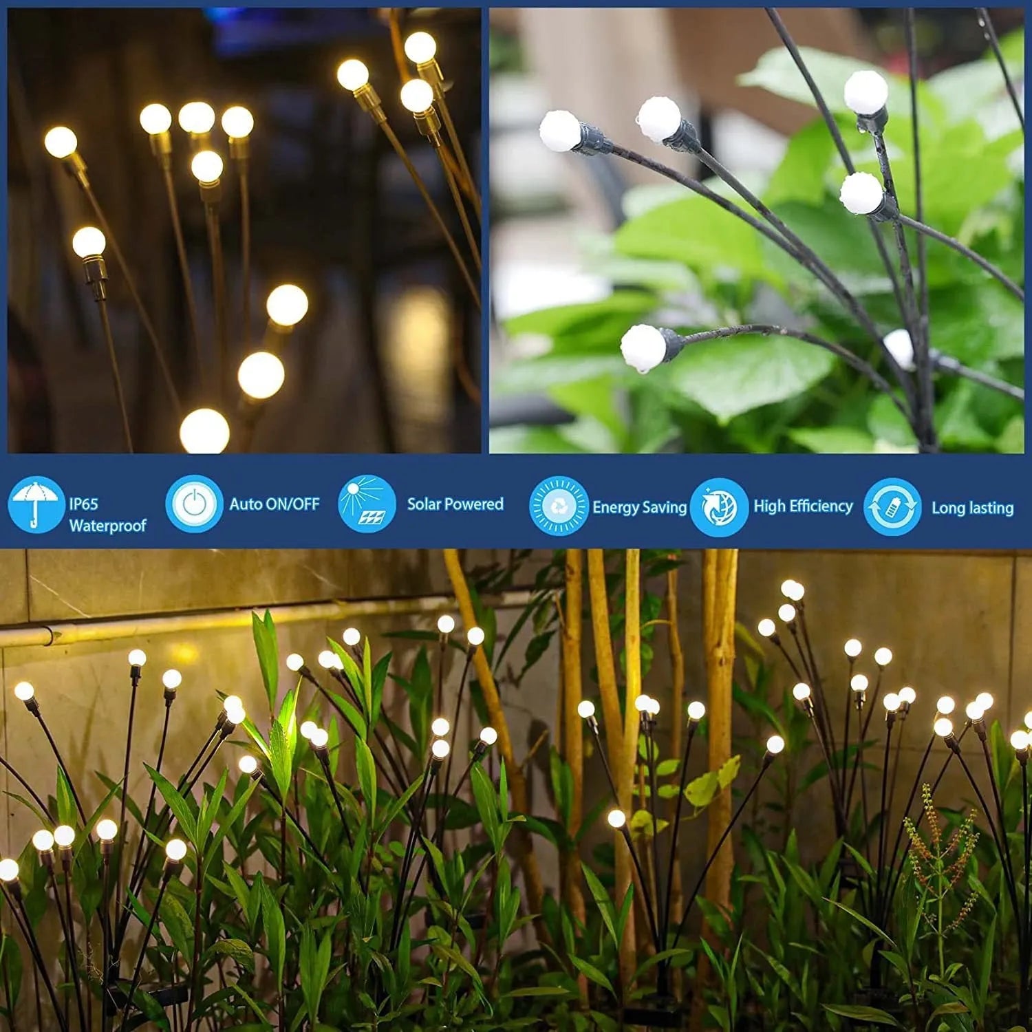 Solar-powered LED pneumatic firefly ground stake light with multiple heads on a grassy lawn.