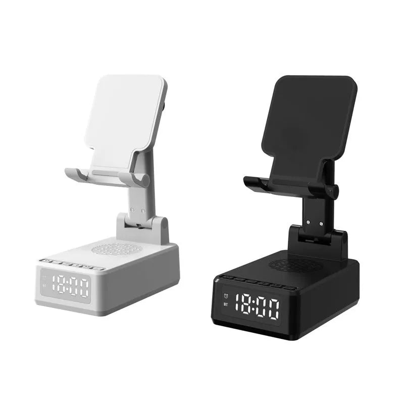 Multi-function Bluetooth speaker mobile phone holder desktop bracket with wireless charger 15W in black ABS plastic