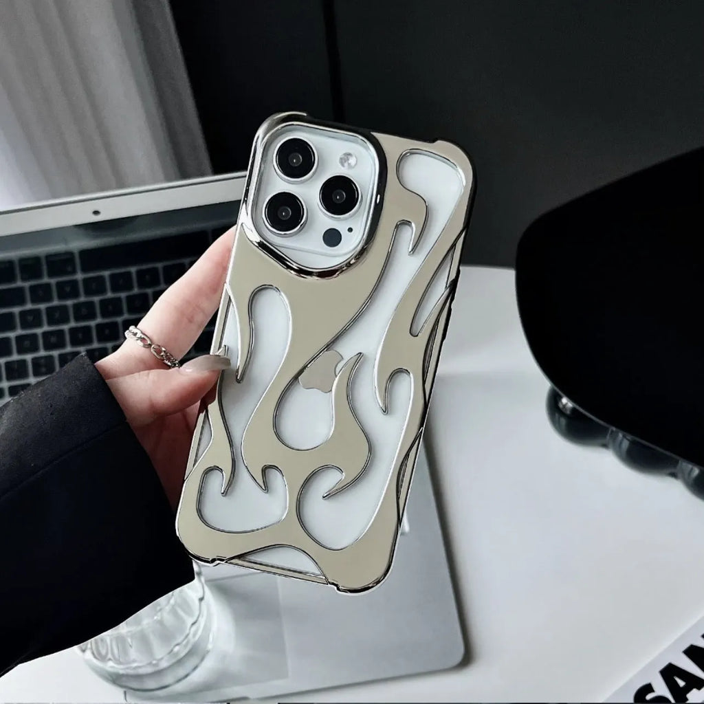 Electroplated hollow flame pattern TPU phone case for Apple iPhone in silver finish