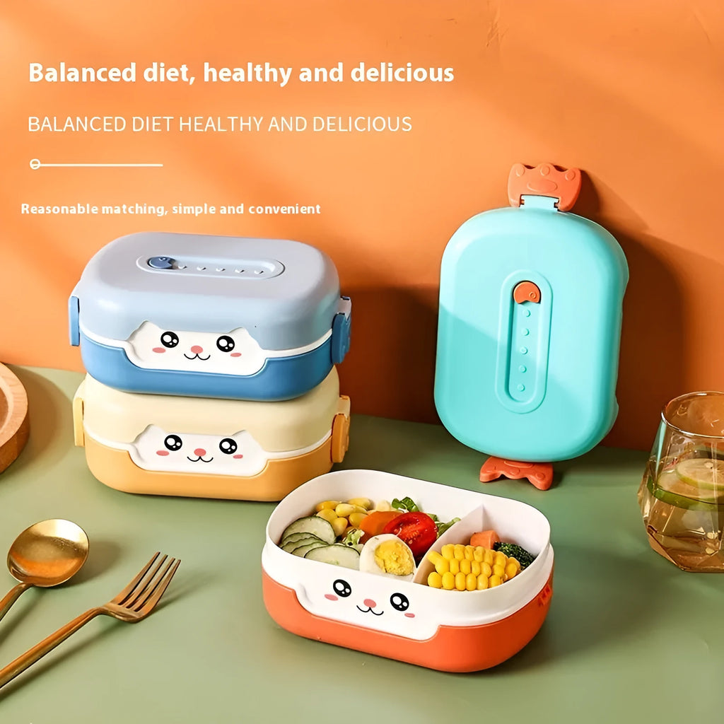 Portable divided lunch box with square shape and microwave-safe plastic construction in three colour options