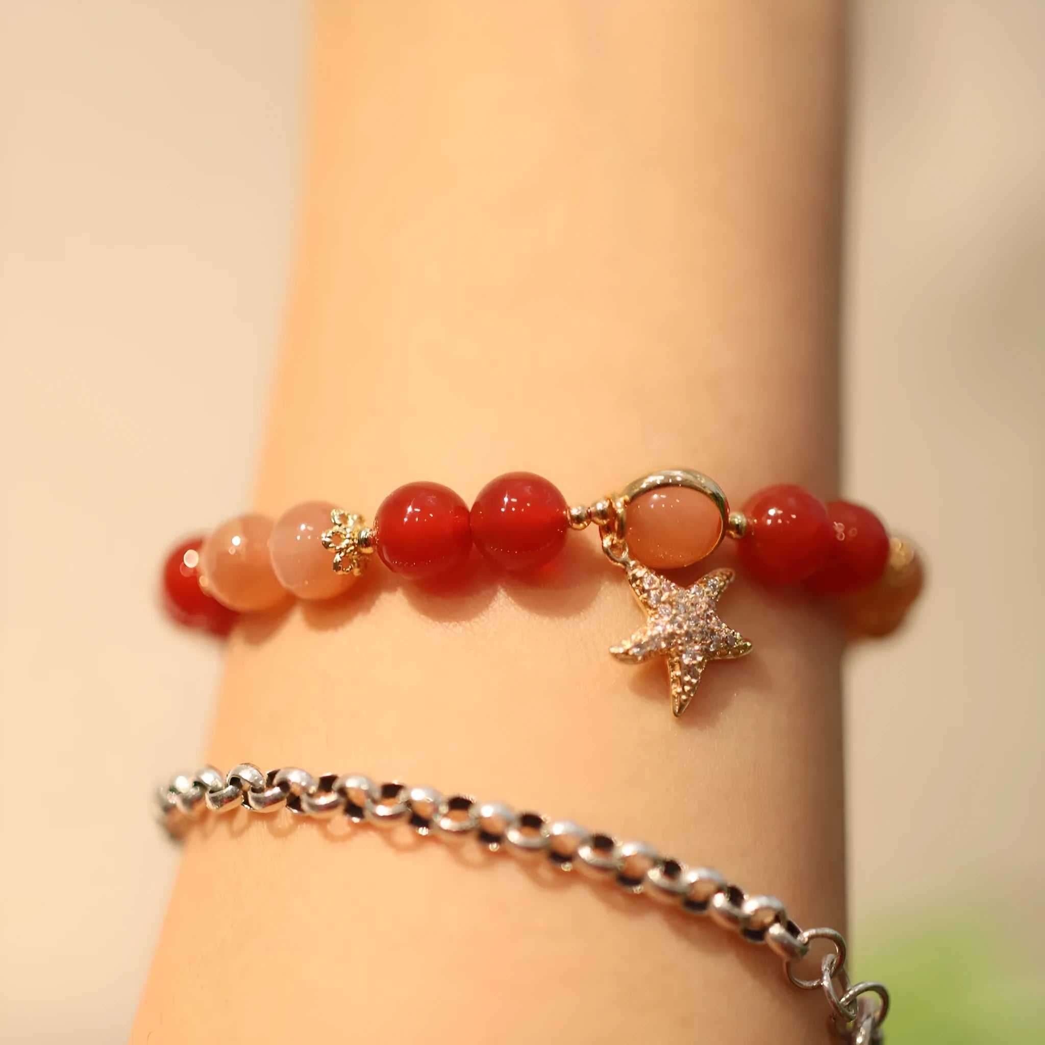 Handmade red agate bracelet with 8mm sands orange sunstone beads and star xiangyun ethnic design
