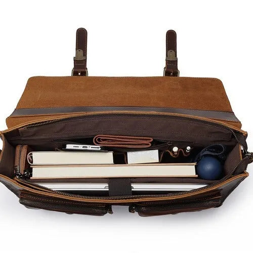Cowhide leather crossbody computer bag with anti-theft features in dark brown colour