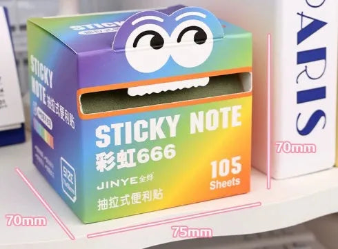 Box of pearl gradient transparent pull-out sticky notes showing 105 pages and six colour theme options.