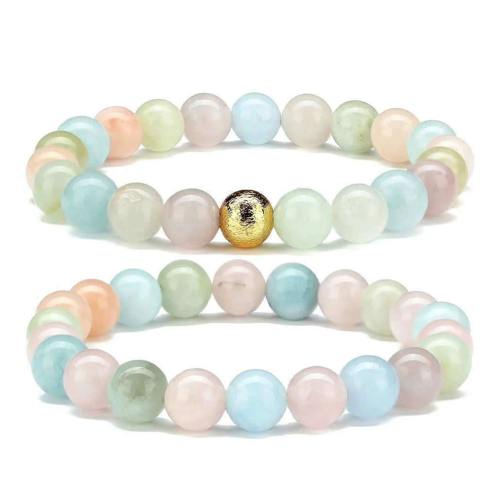 Handmade 8mm natural stone bead bracelet for women in geometric shape on a wrist.
