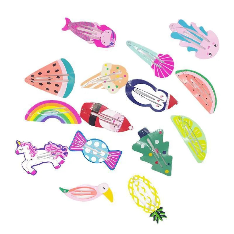 Metal children's hair barrette with baked varnish print, showing examples of watermelon, strawberry, and pineapple designs.