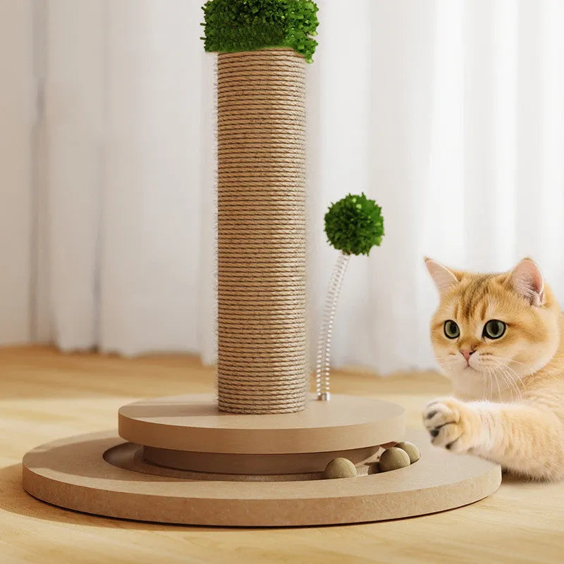 Vertical cat climbing frame with hemp rope scratching posts in a canna colour with a chamfering grab column.