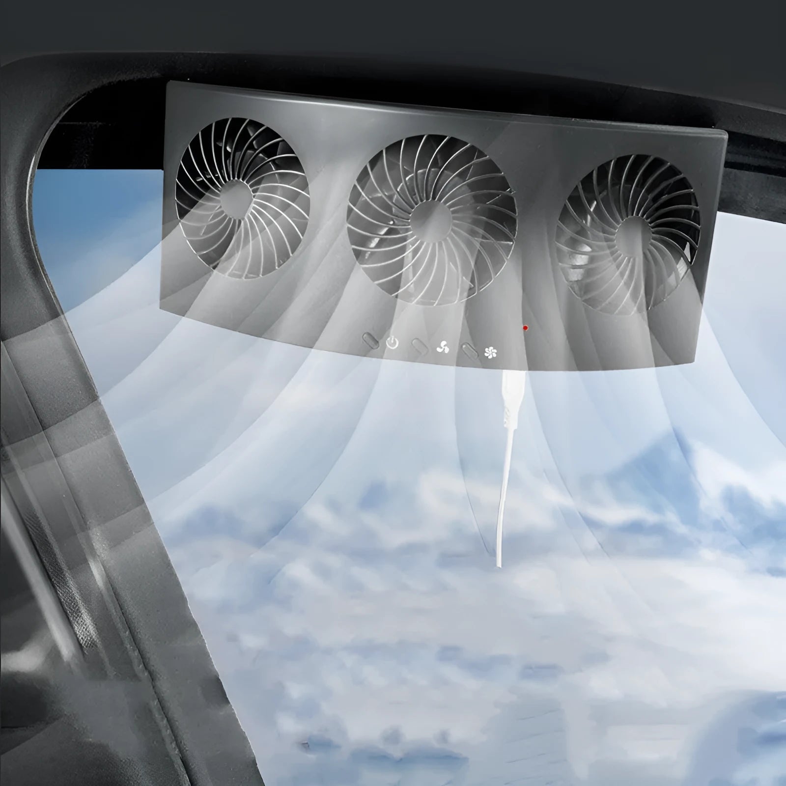 Black and white USB car ventilation fan for dashboard air circulation