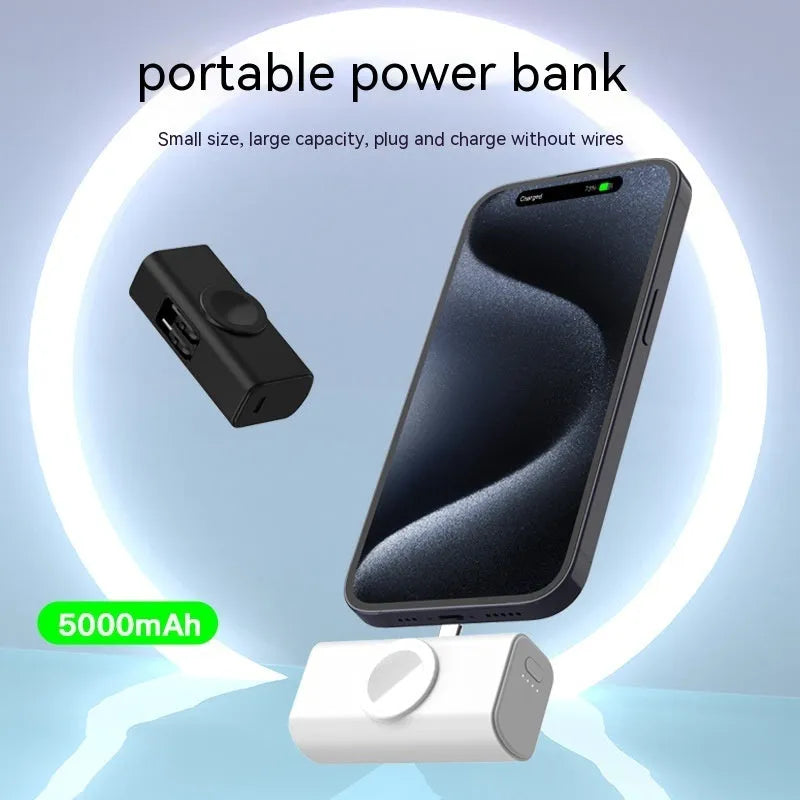 Portable 5000mAh power bank with folding double head charger, compact capsule design in black plastic