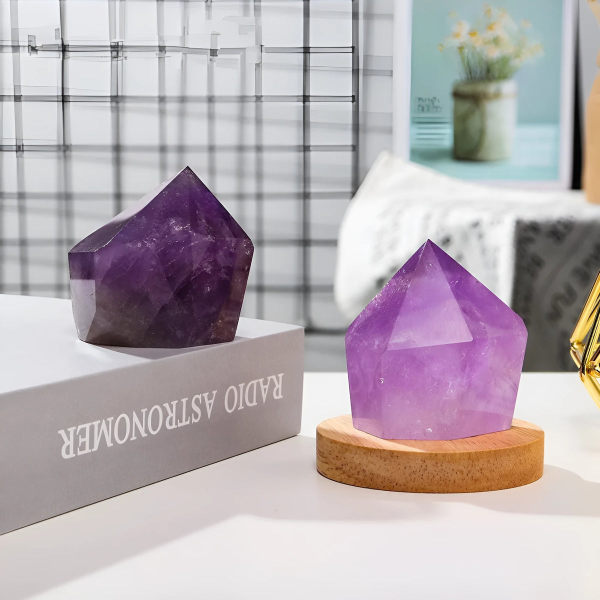 Natural amethyst cake tower night light with USB plug, purple, 5-6cm height, 6.5cm base